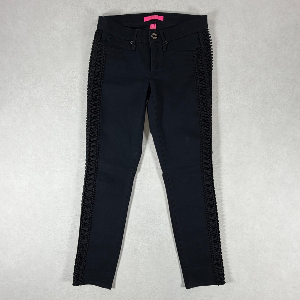 Lilly Pulitzer Worth Skinny Jeans Black Soutache Braid Trim Side Detail Size 2